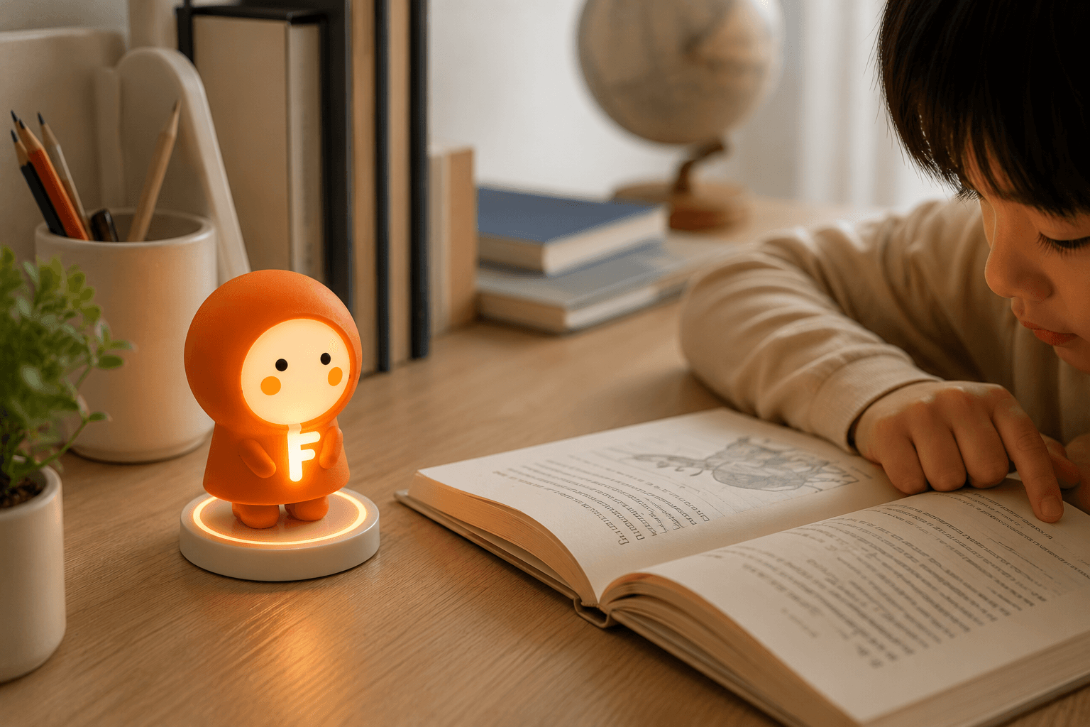 A child reading at a desk with Keylo glowing softly nearby